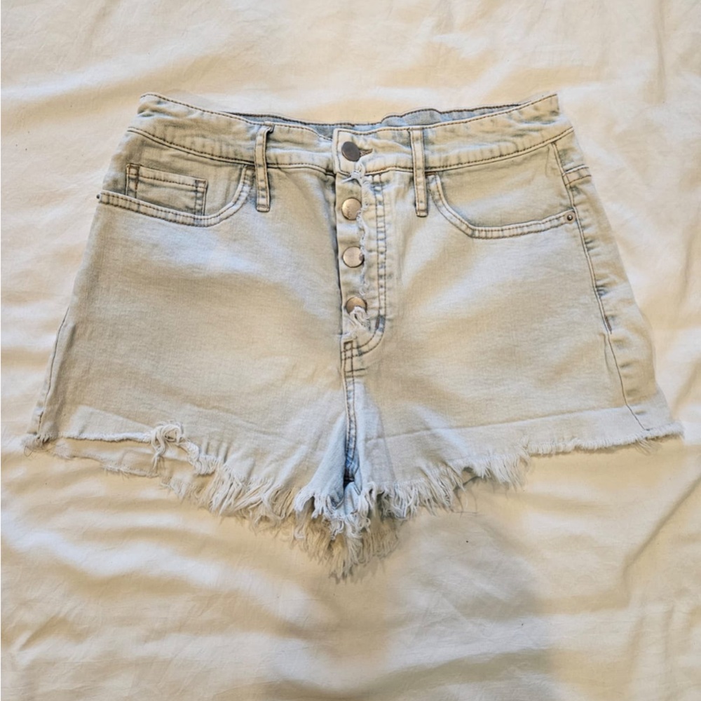 Light Blue Denim Frayed Hem Women Shorts